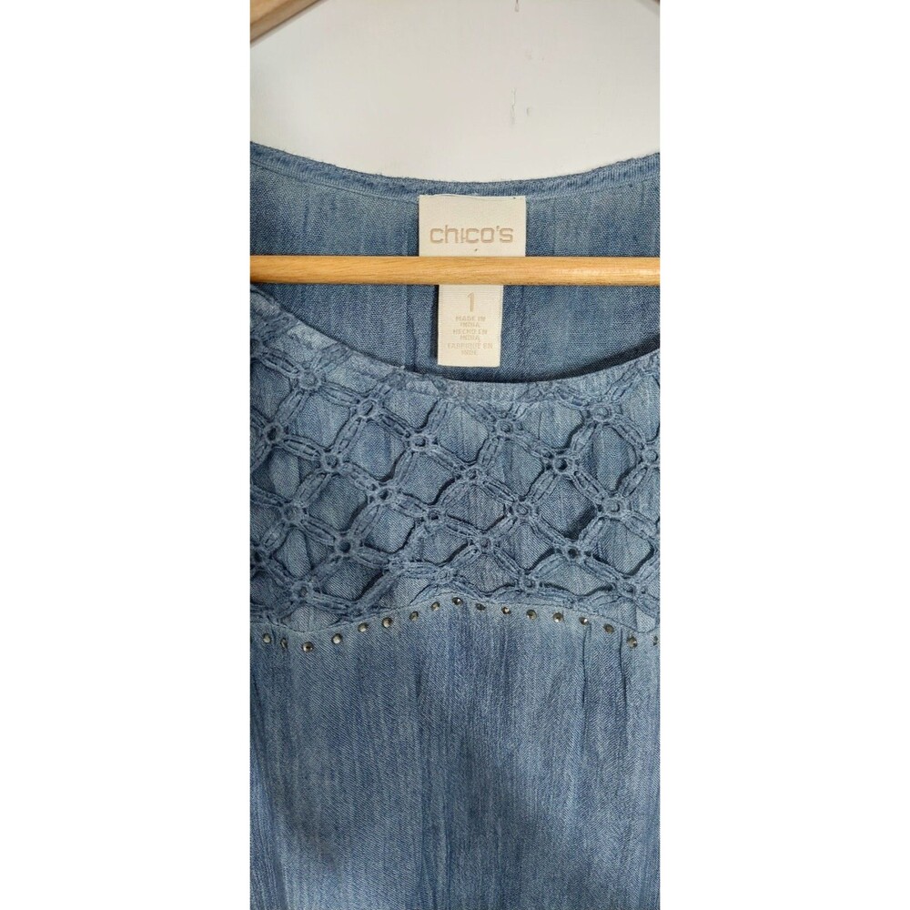Chico's Women's Size 1 Blouse Top Blue Crochet Short Sleeve - Picture 4 of 9